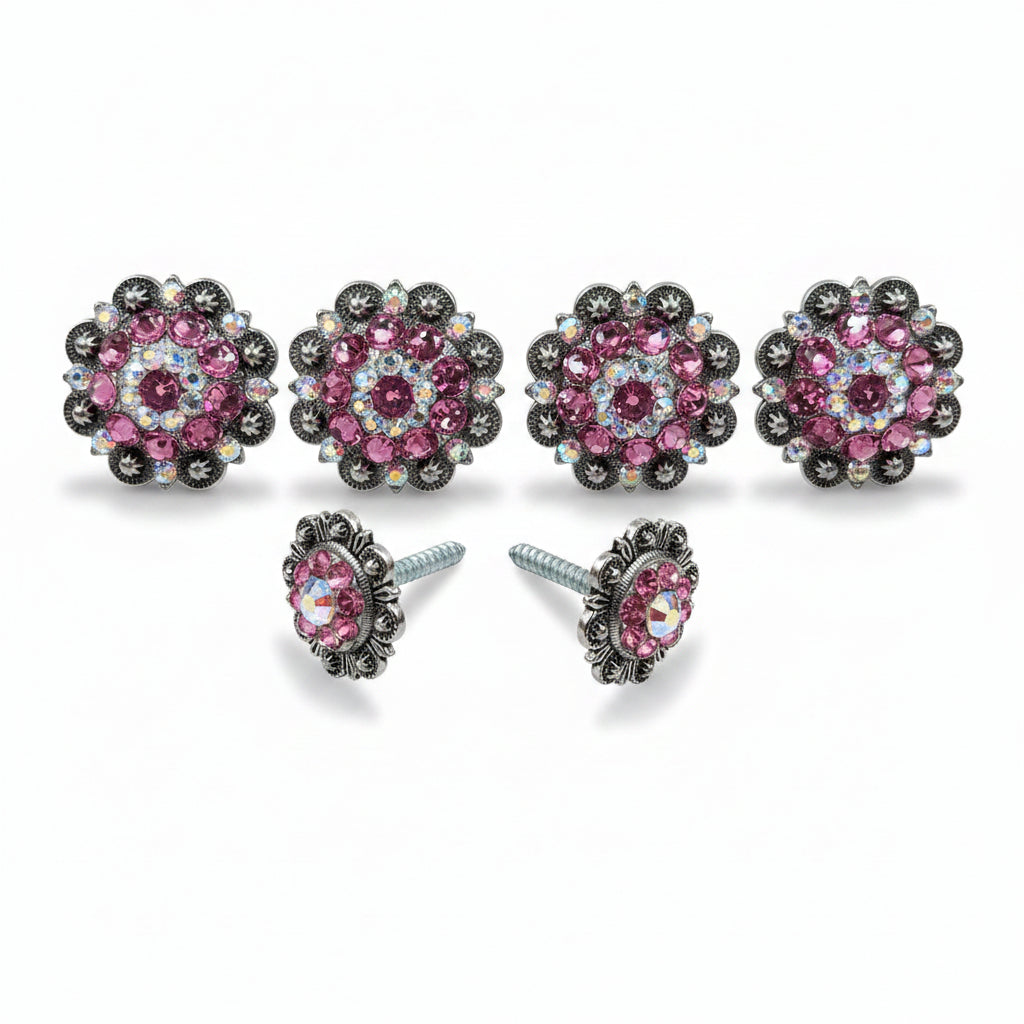 Antique Silver Pink - AB Crystal Conchos | Sizes 1"- 3" | Buckles | Saddle Set | Leather Rosettes | Slide