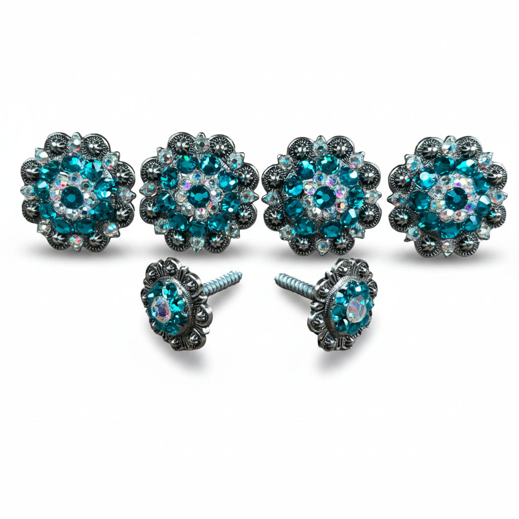 Antique Silver Teal - AB Crystal Conchos | Sizes 1"- 3" | Buckles | Saddle Set | Leather Rosettes | Slide
