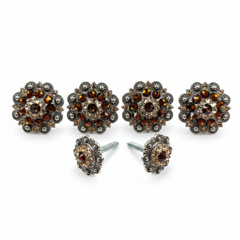 Antique Silver Topaz - Champagne Crystal Conchos | Sizes 1"- 3" | Buckles | Saddle Set | Leather Rosettes | Slide