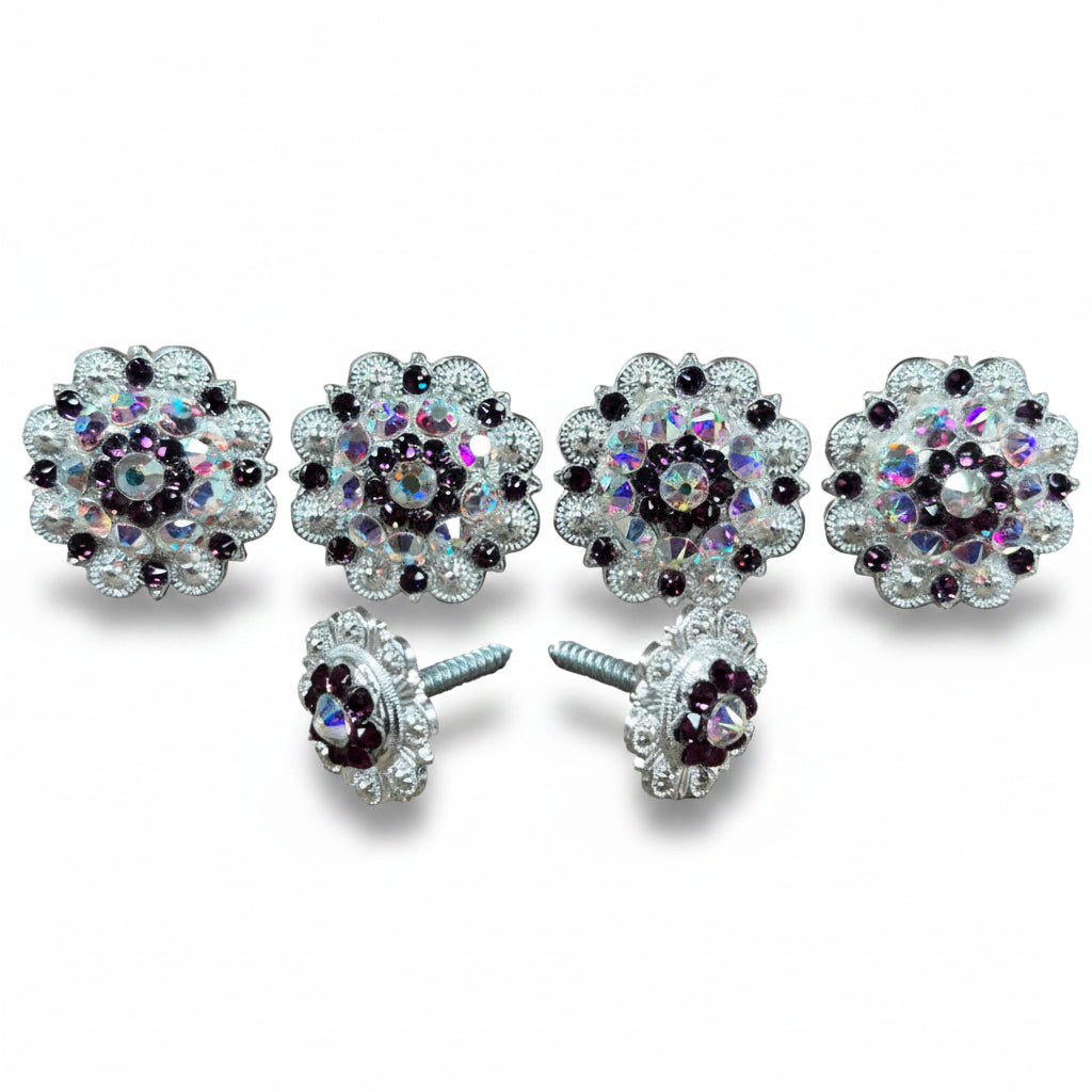 Bright Silver Amethyst - AB Crystal Conchos | Sizes 1"- 3" | Buckles | Saddle Set | Leather Rosettes | Slide