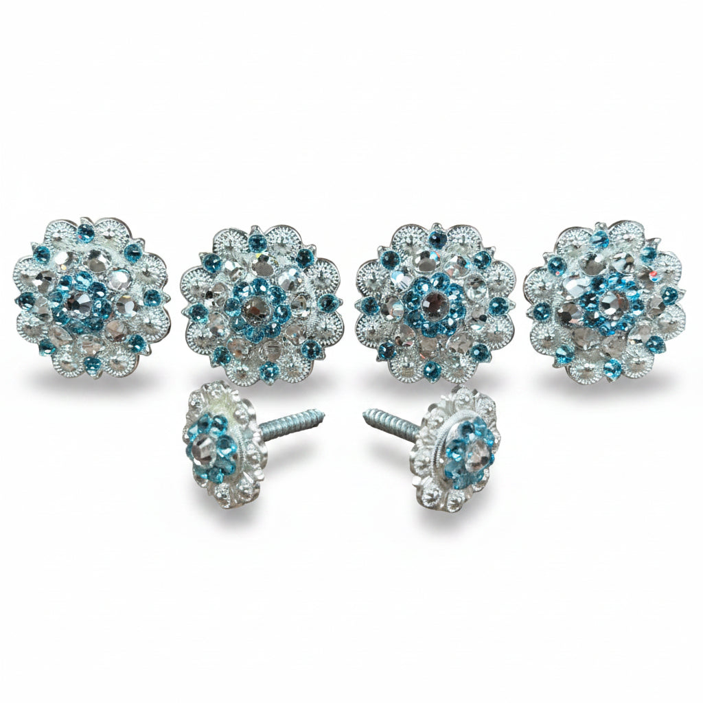 Bright Silver Aqua - Clear Crystal Conchos | Sizes 1"- 3" | Buckles | Saddle Set | Leather Rosettes | Slide
