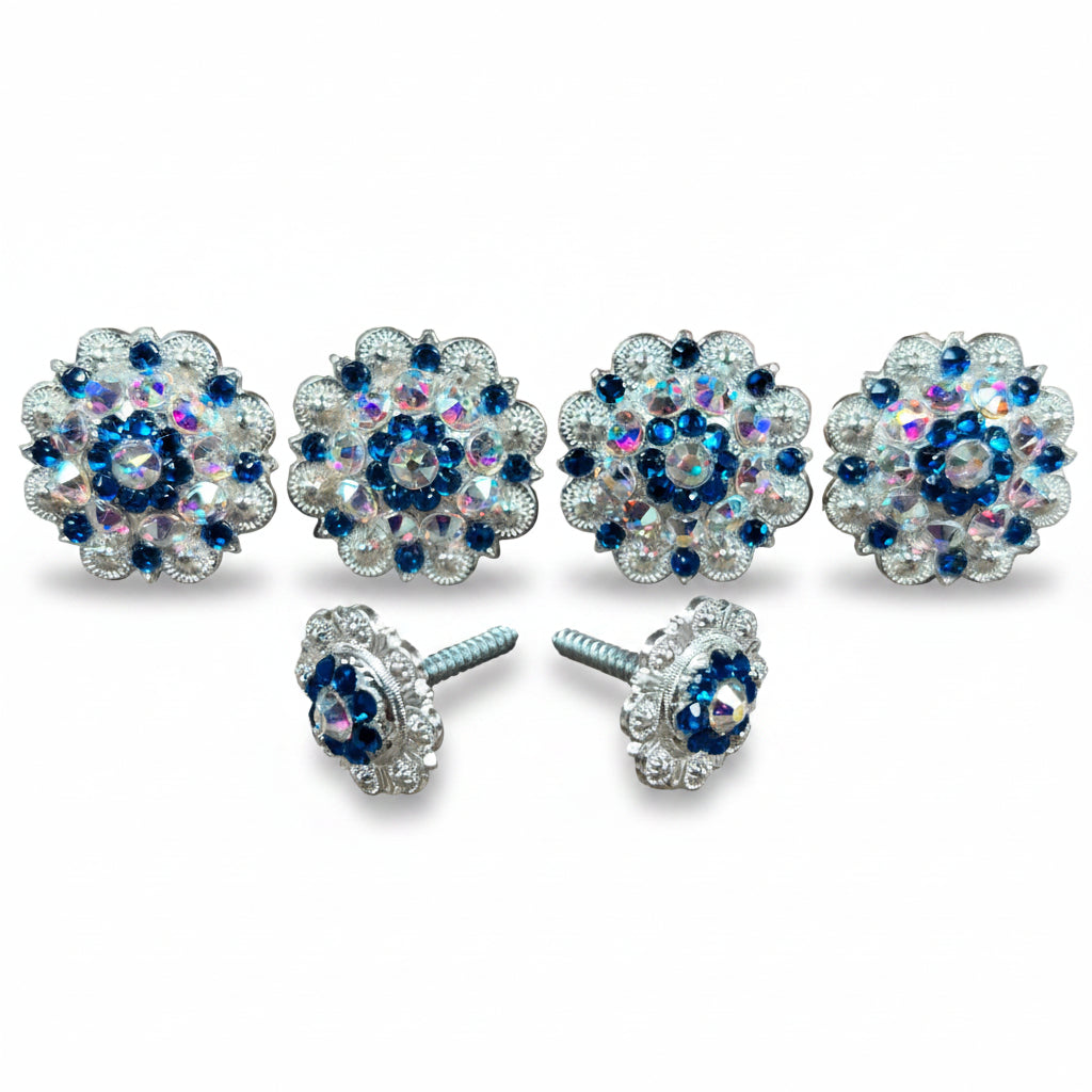 Bright Silver Capri - AB Crystal Conchos | Sizes 1"- 3" | Buckles | Saddle Set | Leather Rosettes | Slide