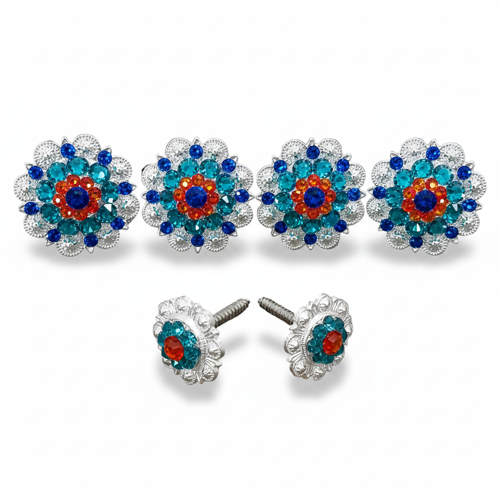 Bright Silver Capri Fire Opal & Teal Saddle Conchos