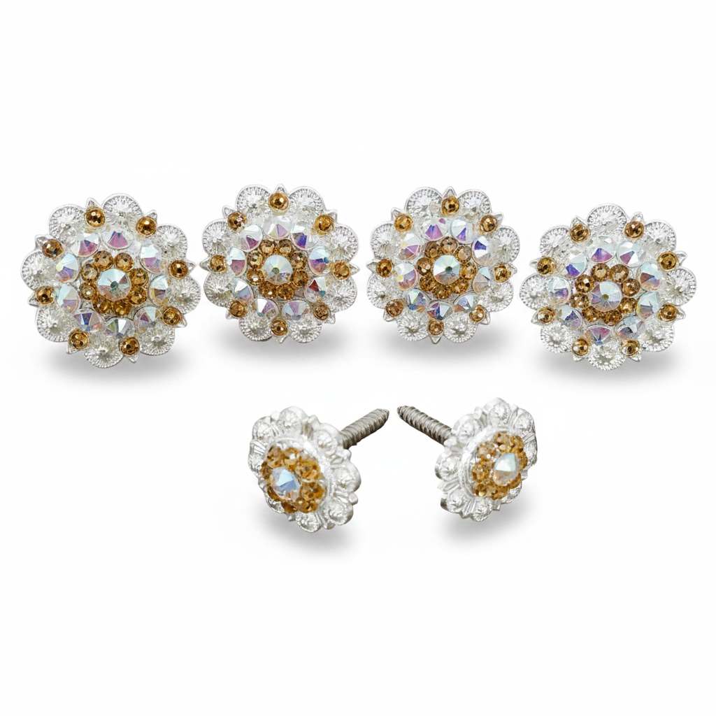Bright Silver Champagne - AB Crystal Conchos | Sizes 1"- 3" | Buckles | Saddle Set | Leather Rosettes | Slide