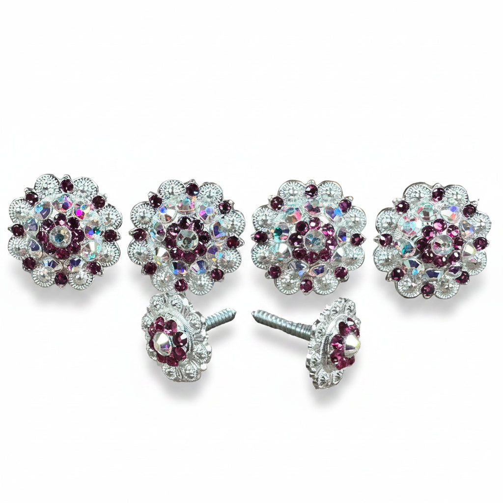 Bright Silver Fuchsia - AB Crystal Conchos | Sizes 1"- 3" | Buckles | Saddle Set