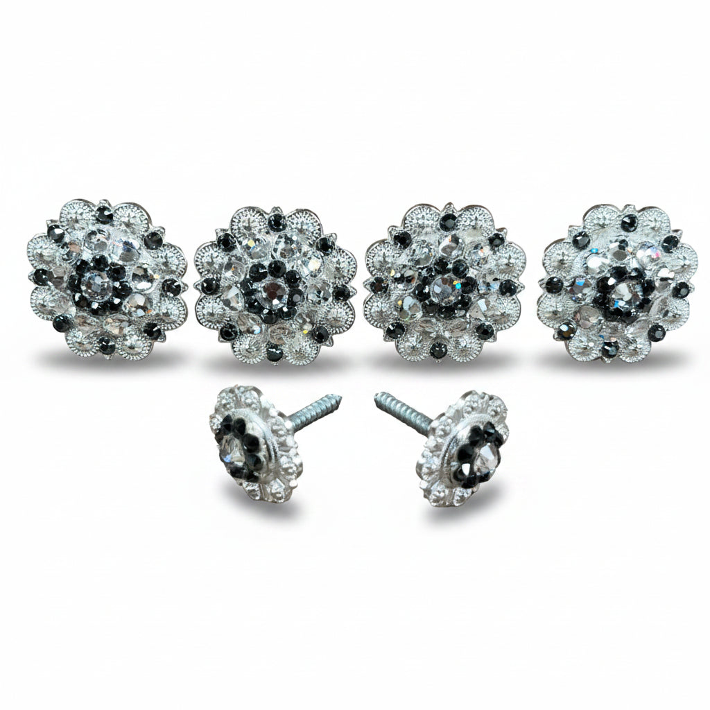 Bright Silver Jet - Clear Crystal Conchos | Sizes 1"- 3" | Buckles | Saddle Set | Leather Rosettes | Slide