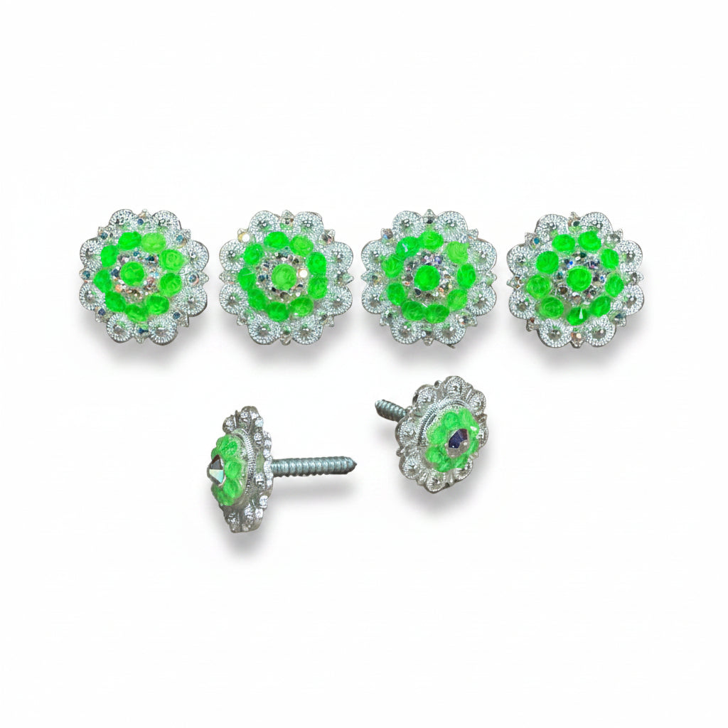 Bright Silver Neon Green - AB Crystal Conchos | Sizes 1"- 3" | Buckles | Saddle Set