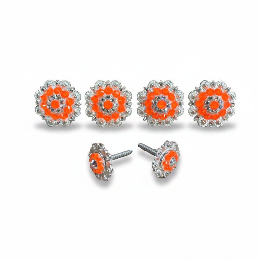 Bright Silver Neon Orange - AB Crystal Conchos | Sizes 1"- 3" | Buckles | Saddle Set