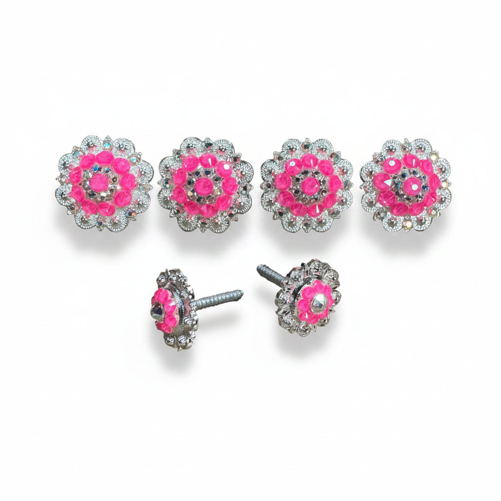 Bright Silver Neon Pink - AB Crystal Conchos | Sizes 1"- 3" | Buckles | Saddle Set