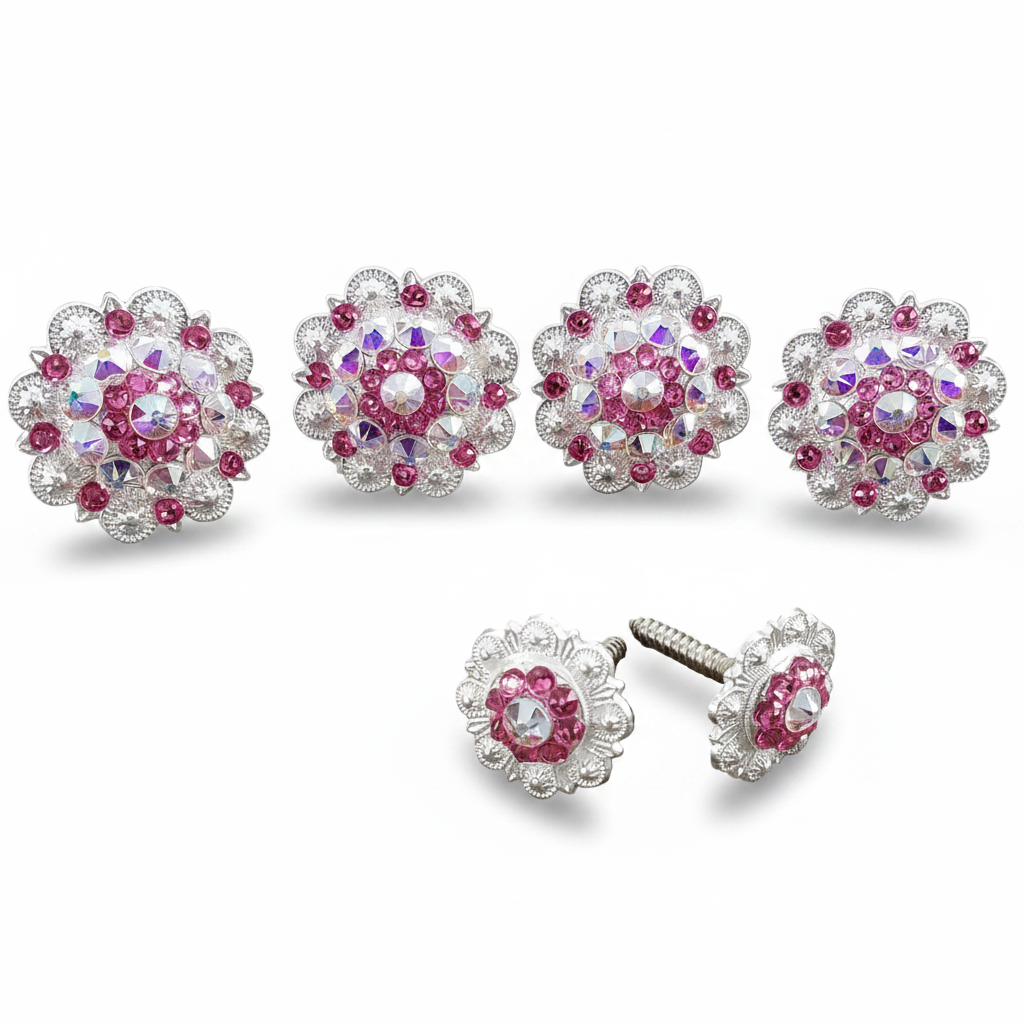 Bright Silver Pink - AB Crystal Conchos | Sizes 1"- 3" | Buckles | Saddle Set | Leather Rosettes | Slide