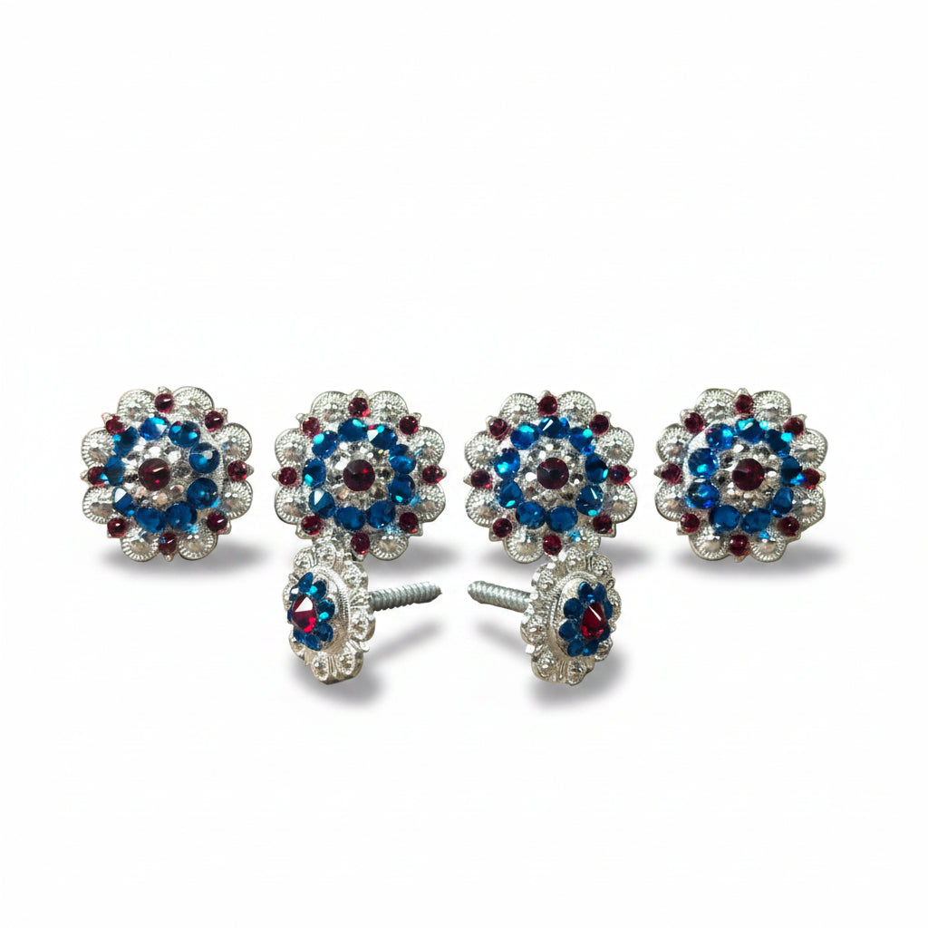 Bright Silver Red - White - Blue Crystal Conchos | Sizes 1"- 3" | Buckles | Saddle Set | Leather Rosettes | Slide