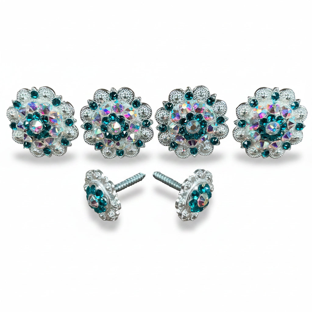 Bright Silver Teal - AB Crystal Conchos | Sizes 1"- 3" | Buckles | Saddle Set | Leather Rosettes | Slide