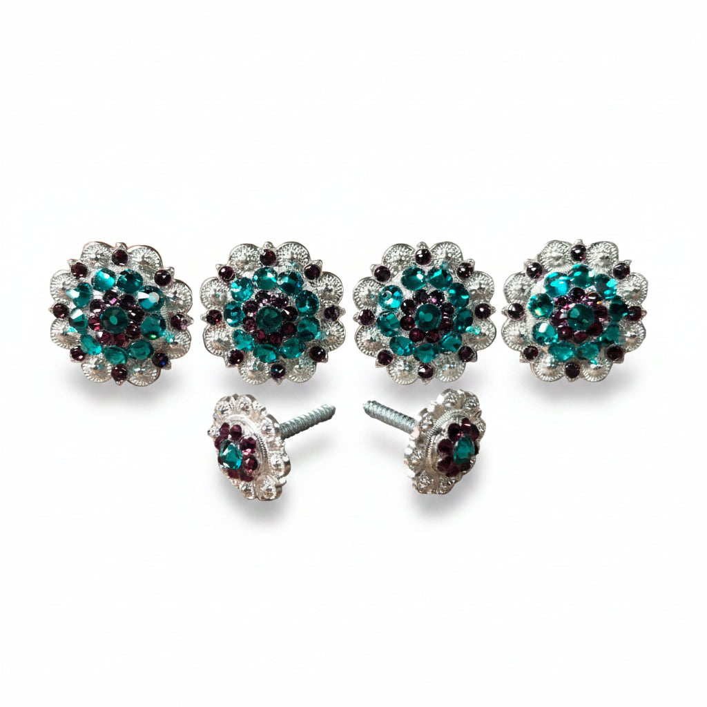Bright Silver Teal & Amethyst Saddle Conchos