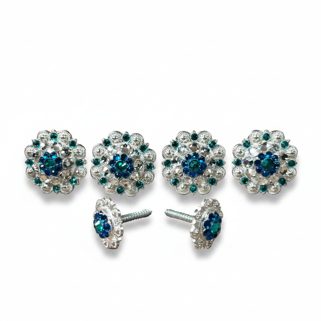 Bright Silver Teal Capri & Clear Saddle Conchos