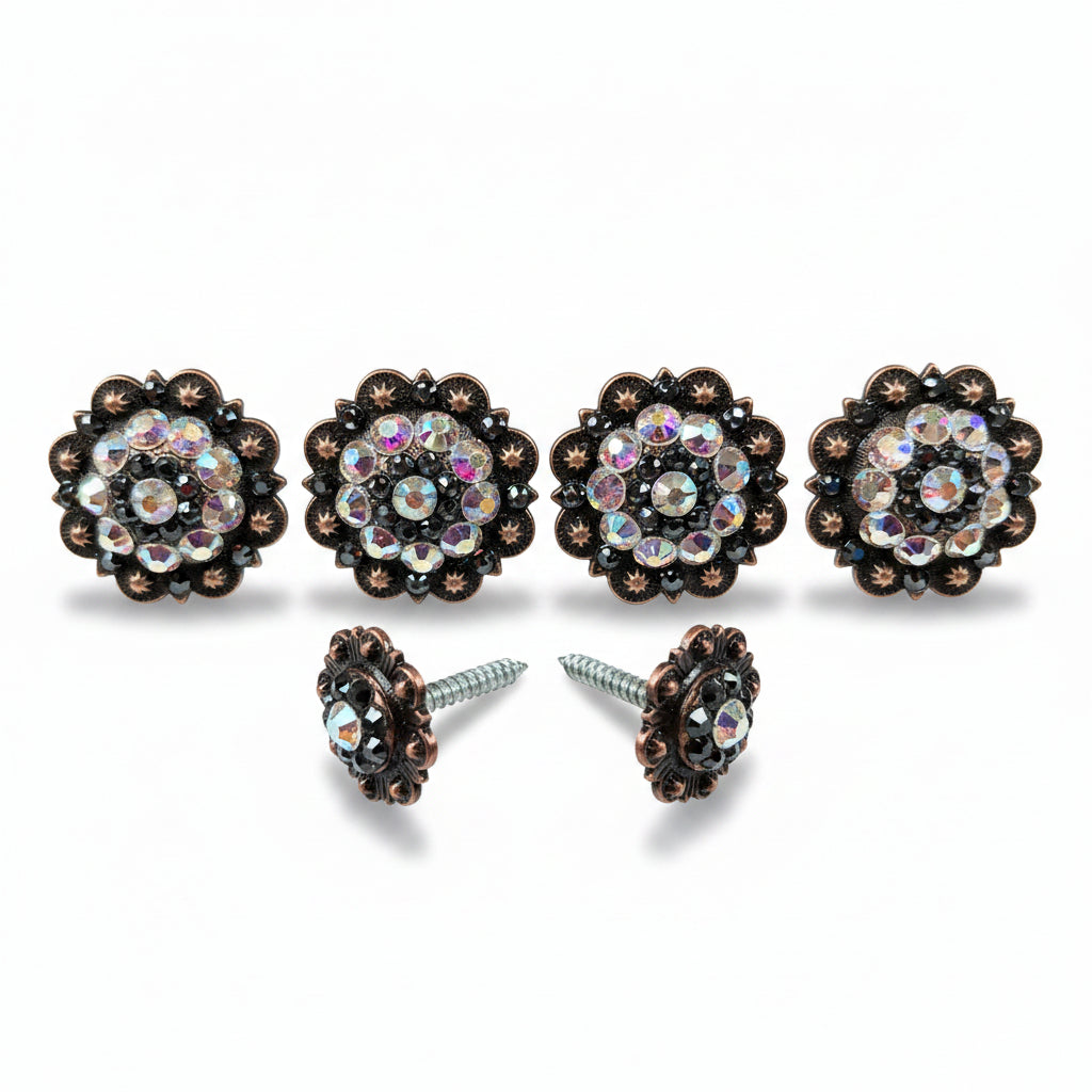 Copper Jet - AB Crystal Conchos | Sizes 1"- 3" | Buckles | Saddle Set | Leather Rosettes | Slide