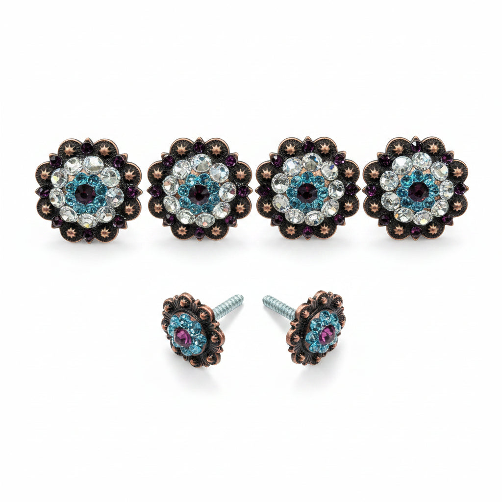 Copper Amethyst - Aqua - Clear Crystal Conchos | Sizes 1"- 3" | Buckles | Saddle Set | Leather Rosettes | Slide