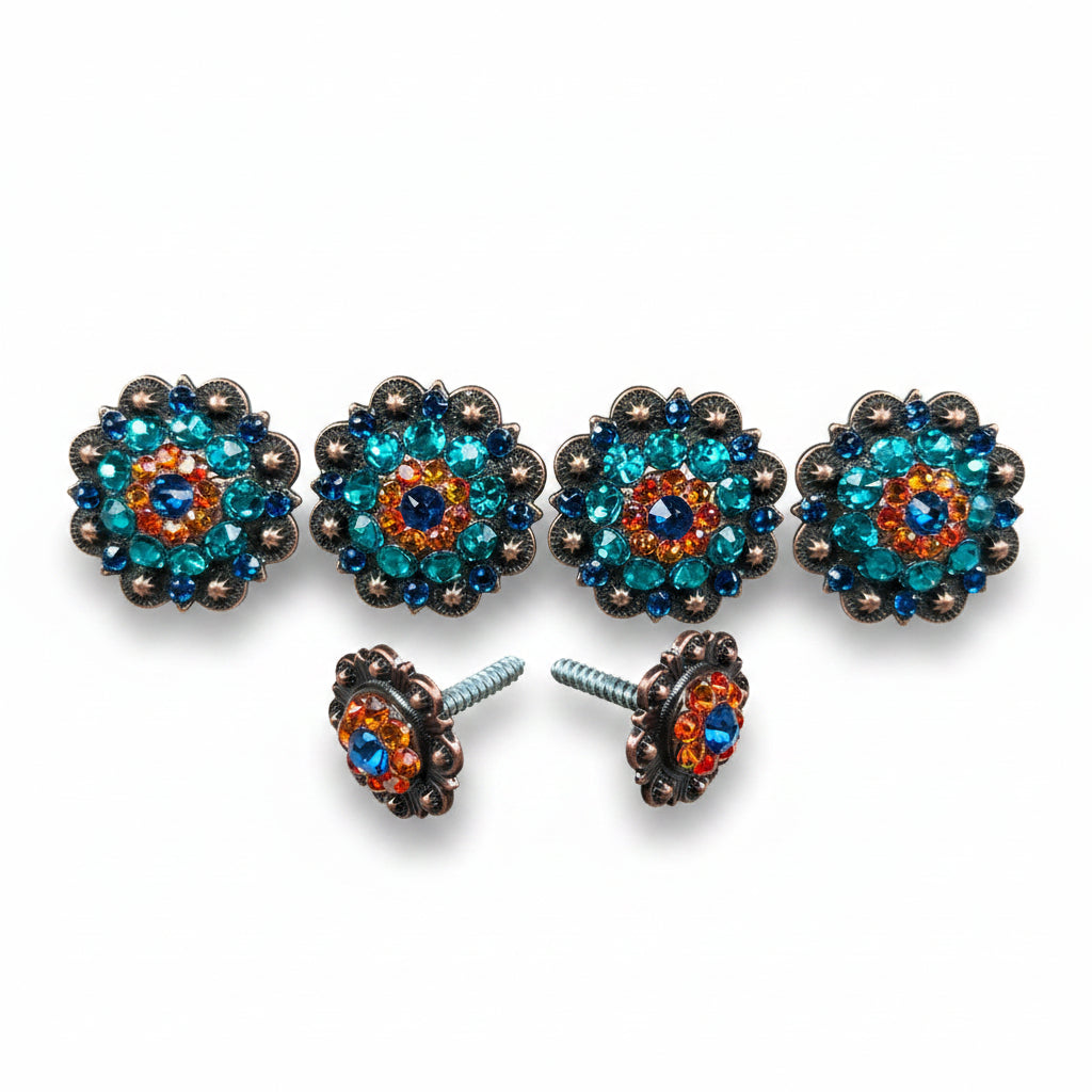 Copper Capri - Fire Opal - Teal Crystal Conchos | Sizes 1"- 3" | Buckles | Saddle Set | Leather Rosettes | Slide