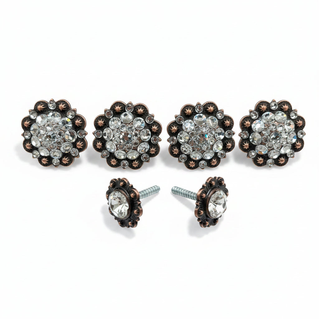Copper Clear Crystal Conchos | Sizes 1"- 3" | Buckles | Saddle Set | Leather Rosettes | Slide