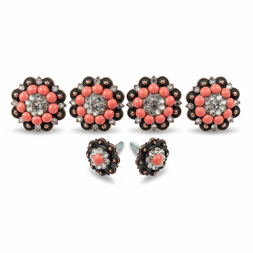 Copper Coral - Clear Crystal Conchos | Sizes 1"- 3" | Buckles | Saddle Set | Leather Rosettes | Slide