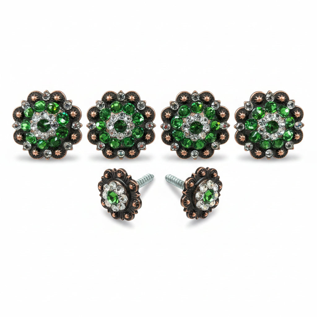 Copper Fern - Clear Crystal Conchos | Sizes 1"- 3" | Buckles | Saddle Set | Leather Rosettes | Slide