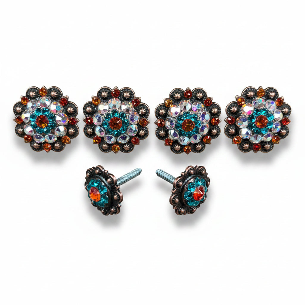 Copper Fire Opal - Teal - AB Crystal Conchos | Sizes 1"- 3" | Buckles | Saddle Set | Leather Rosettes | Slide