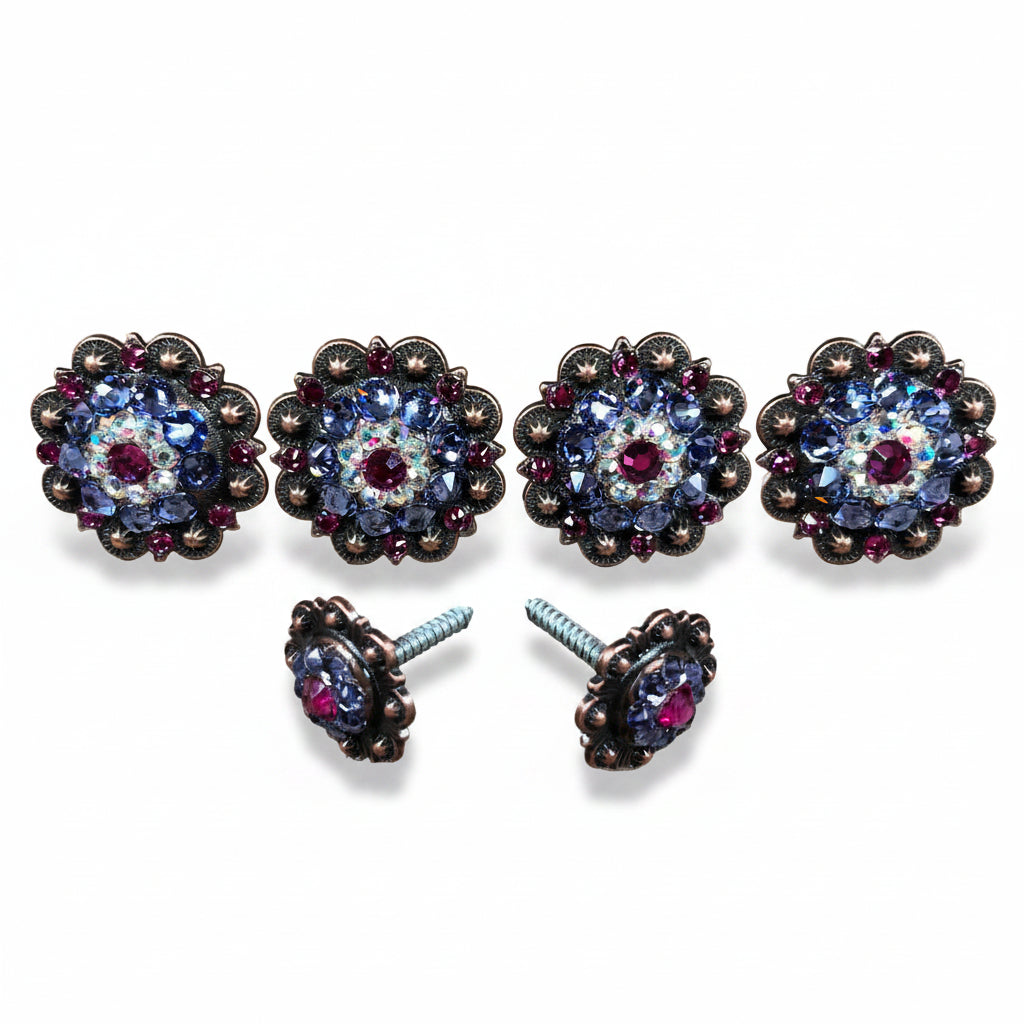 Copper Fuchsia - AB - Lilac Crystal Conchos | Sizes 1"- 3" | Buckles | Saddle Set | Leather Rosettes | Slide