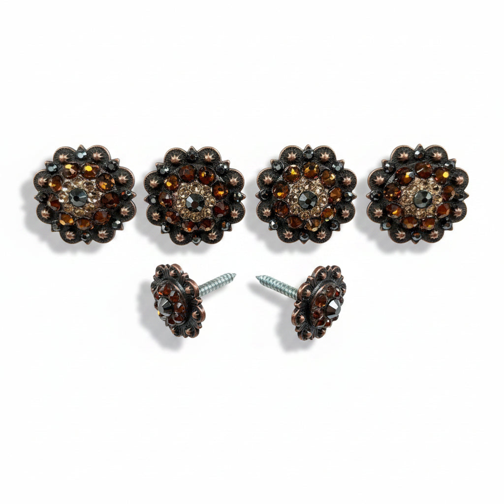 Copper Jet - Champagne - Topaz Crystal Conchos | Sizes 1"- 3" | Buckles | Saddle Set | Leather Rosettes | Slide