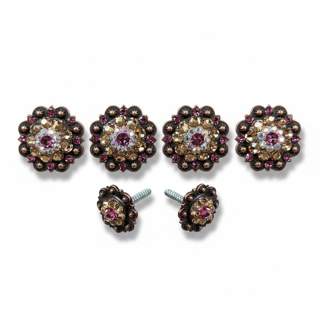 Copper Pink - AB - Champagne Crystal Conchos | Sizes 1"- 3" | Buckles | Saddle Set | Leather Rosettes | Slide