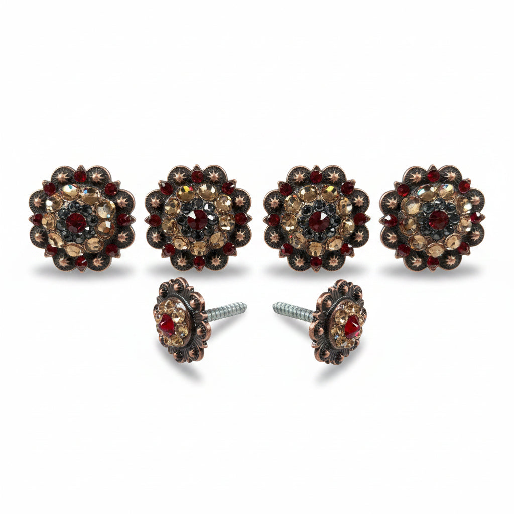 Copper Ruby - Jet - Champagne Crystal Conchos | Sizes 1"- 3" | Buckles | Saddle Set | Leather Rosettes | Slide