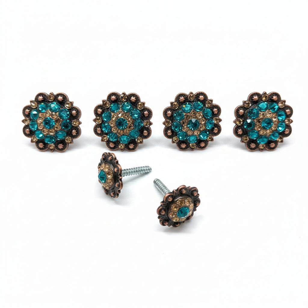 Copper Teal - Champagne Crystal Conchos | Sizes 1"- 3" | Buckles | Saddle Set | Leather Rosettes | Slide