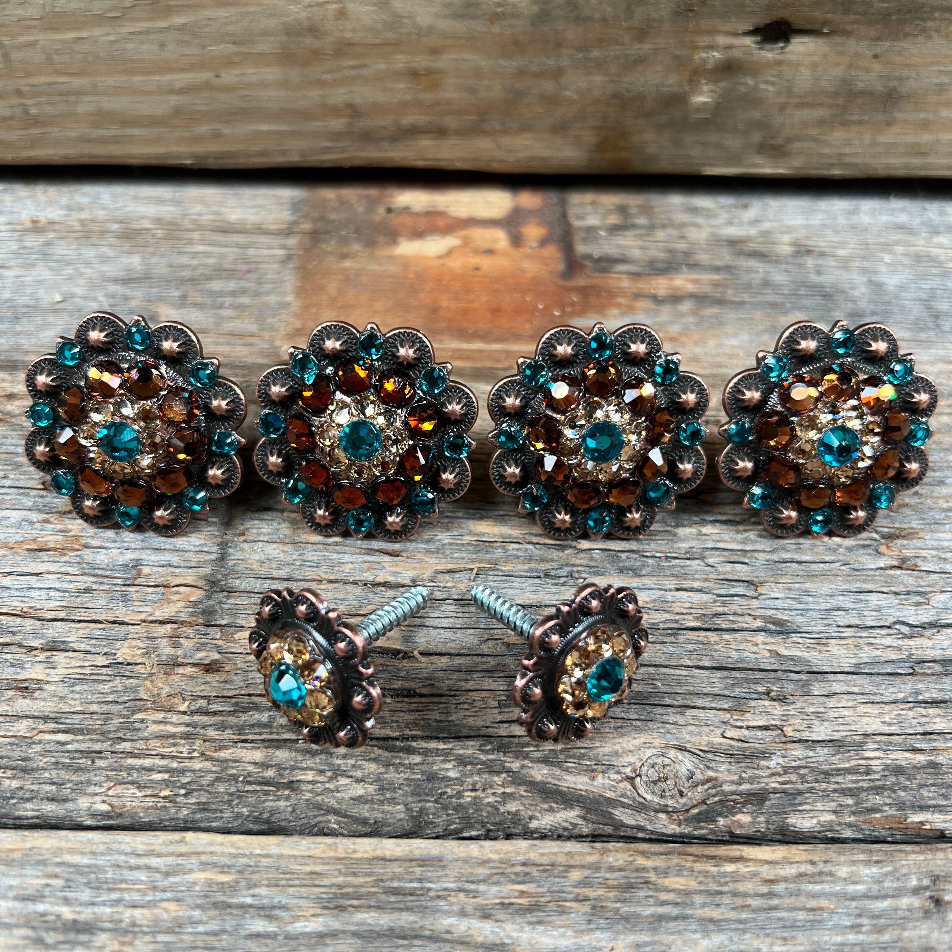 Copper Teal Champagne and Topaz Saddle Conchos
