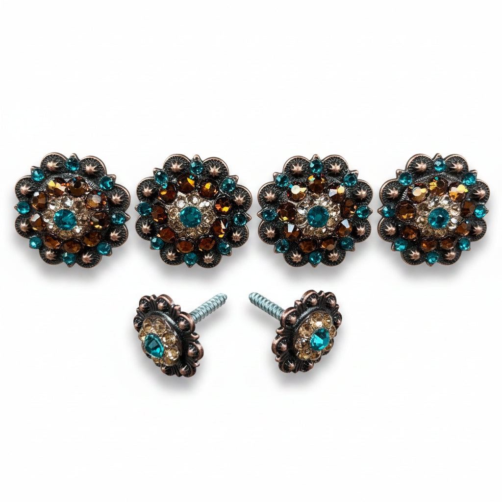 Copper Teal - Champagne - Topaz Crystal Conchos | Sizes 1"- 3" | Buckles | Saddle Set | Leather Rosettes | Slide