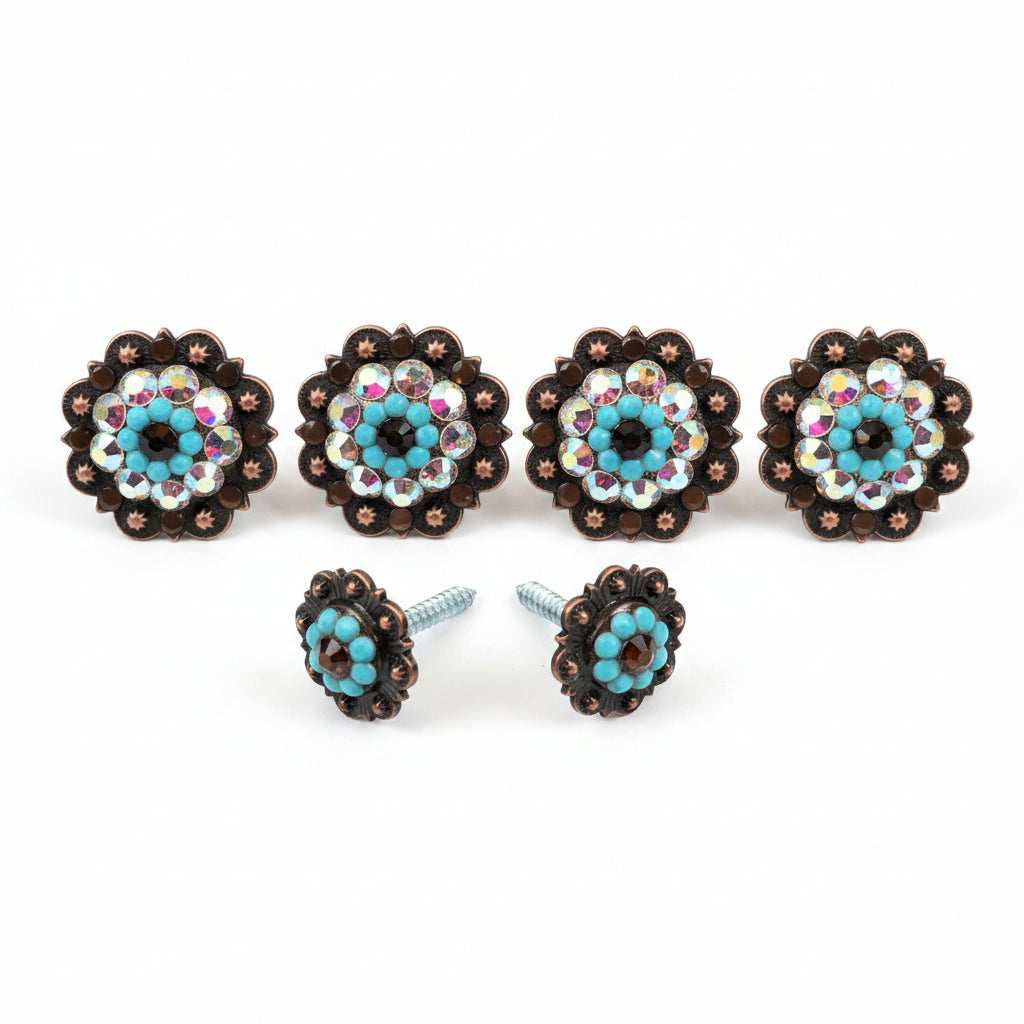Copper Topaz - Turquoise - AB Crystal Conchos | Sizes 1"- 3" | Buckles | Saddle Set | Leather Rosettes | Slide