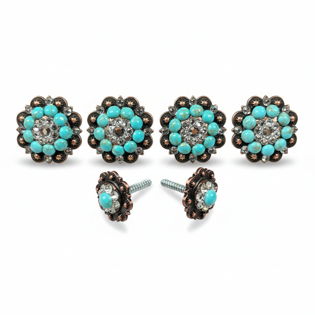 Copper Turquoise - Clear Crystal Conchos | Sizes 1"- 3" | Buckles | Saddle Set | Leather Rosettes | Slide