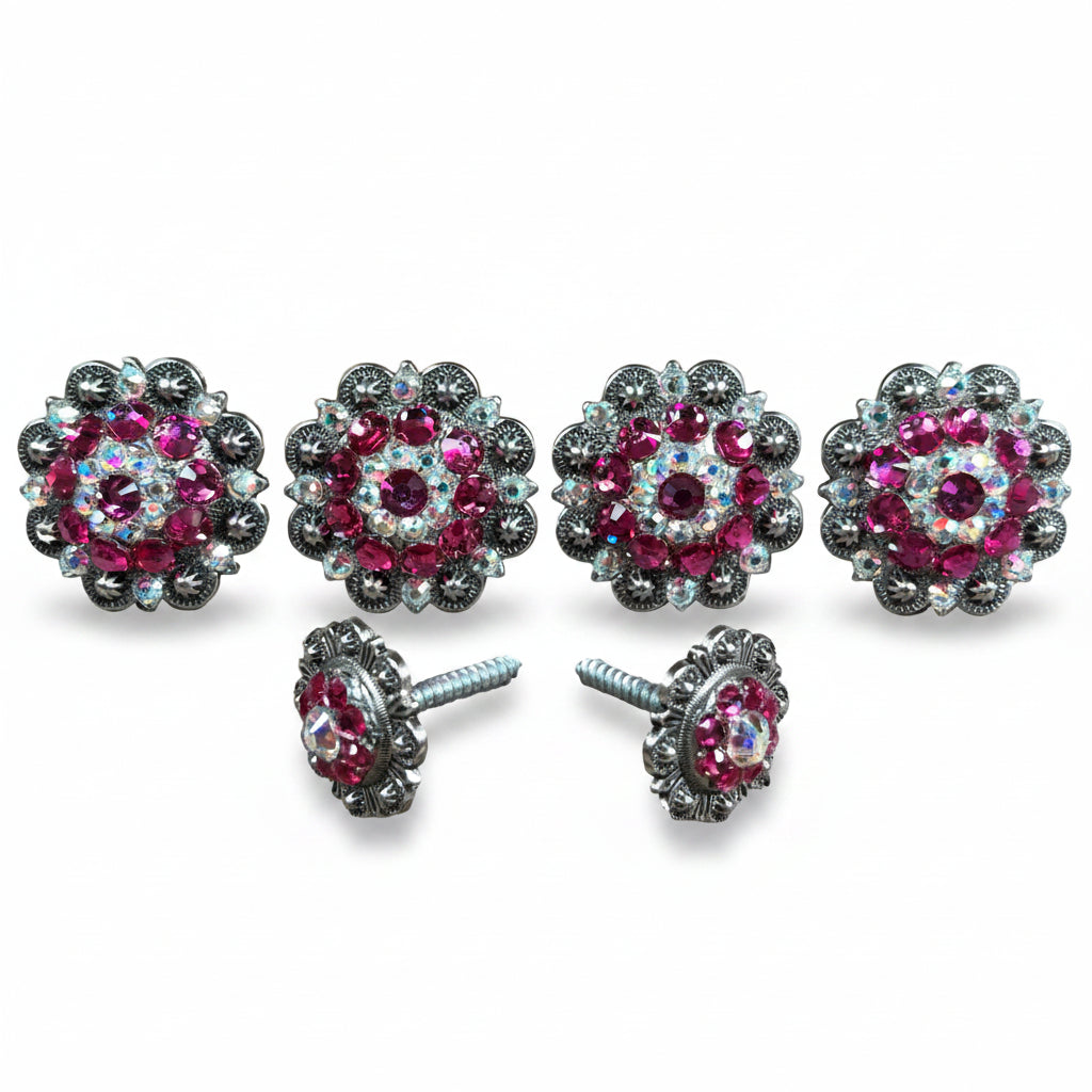 Antique Silver Fuchsia - AB Crystal Conchos | Sizes 1"- 3" | Buckles | Saddle Set | Leather Rosettes | Slide