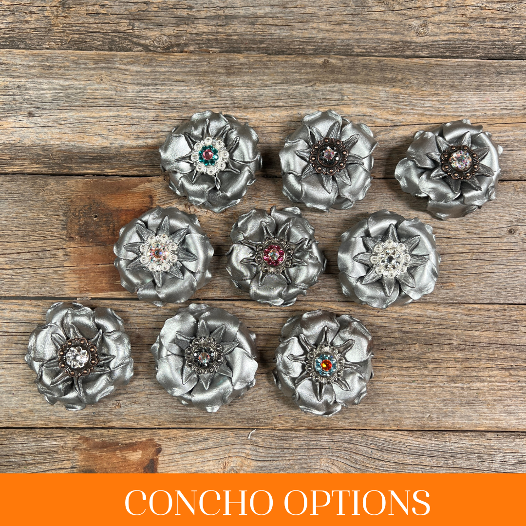 Silver Gardenia Leather Flowers - 1" Crystal Conchos - Options