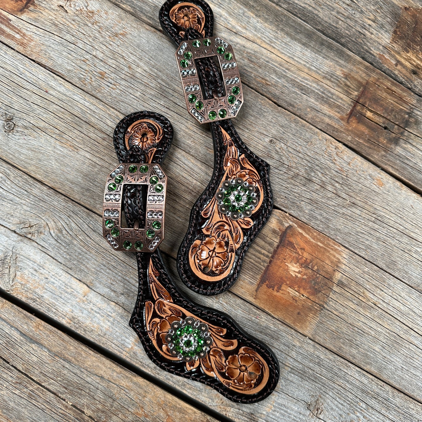 Two Tone Floral Spur Straps - Copper Fern Crystal Conchos #SS115