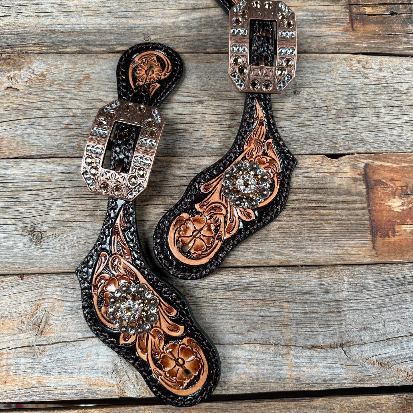 Two Tone Floral Spur Straps - Copper Champagne Crystal Conchos #SS116