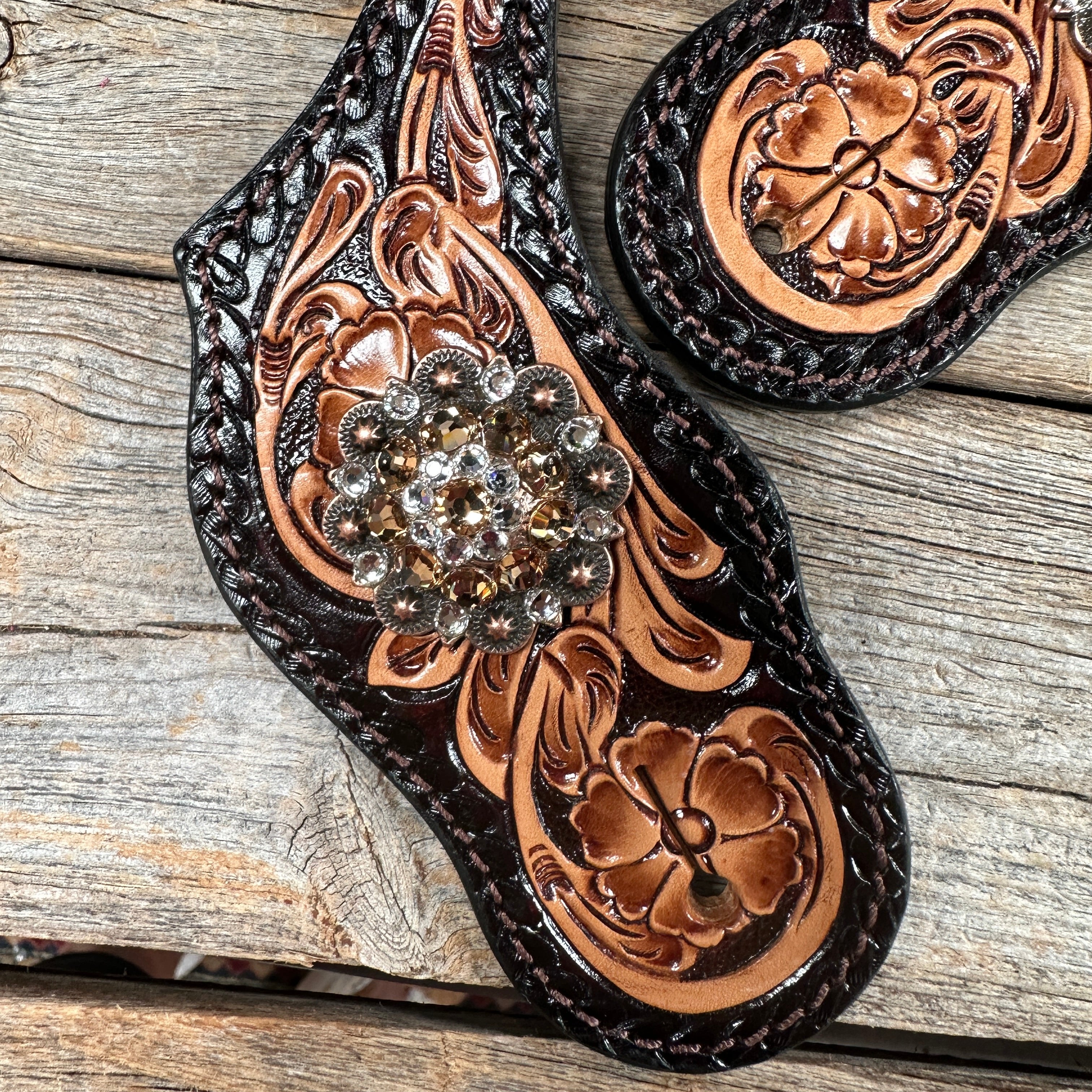Two Tone Floral Spur Straps - Copper Champagne Crystal Conchos #SS116