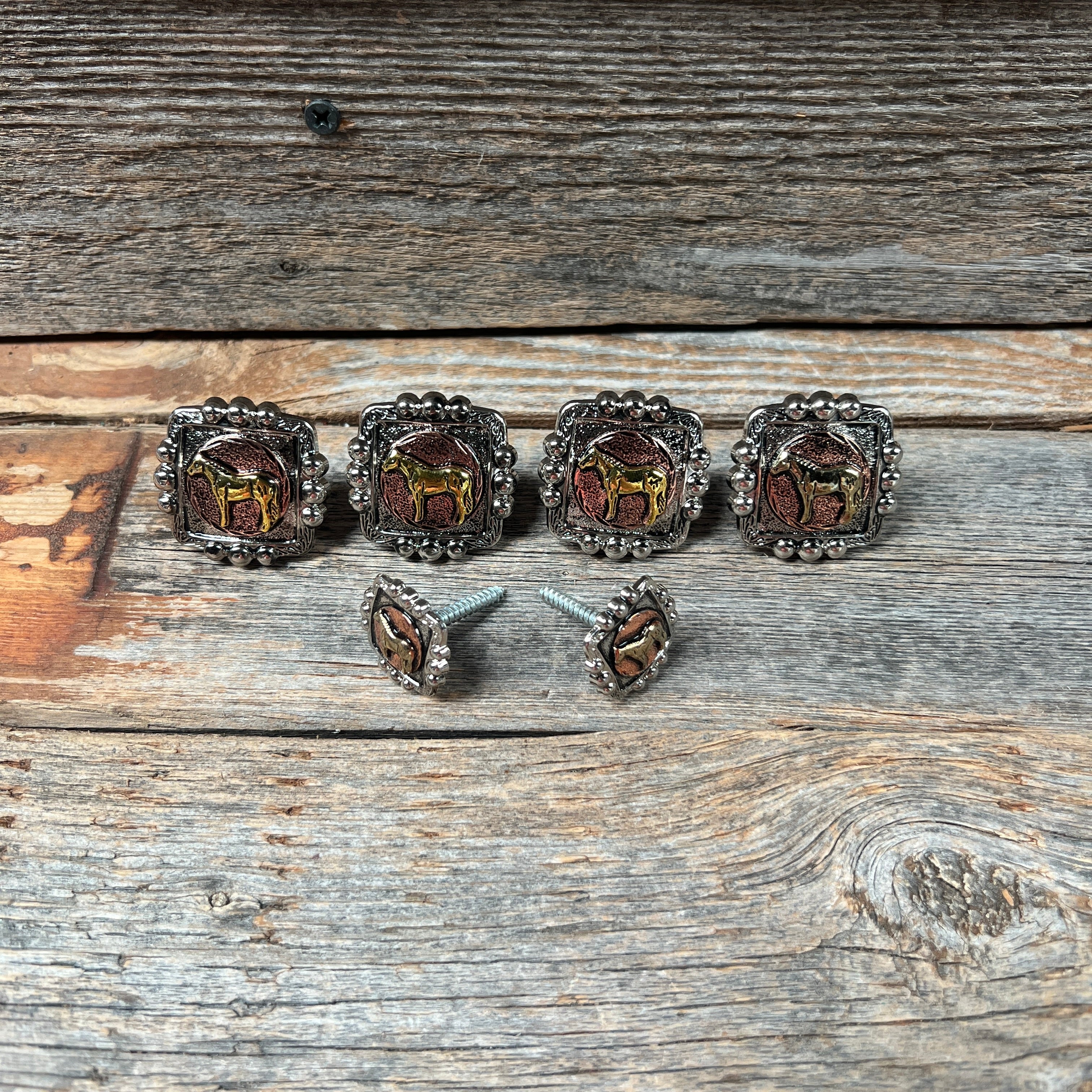 Antique Silver Square Concho with Gold Horse Western Concho W186