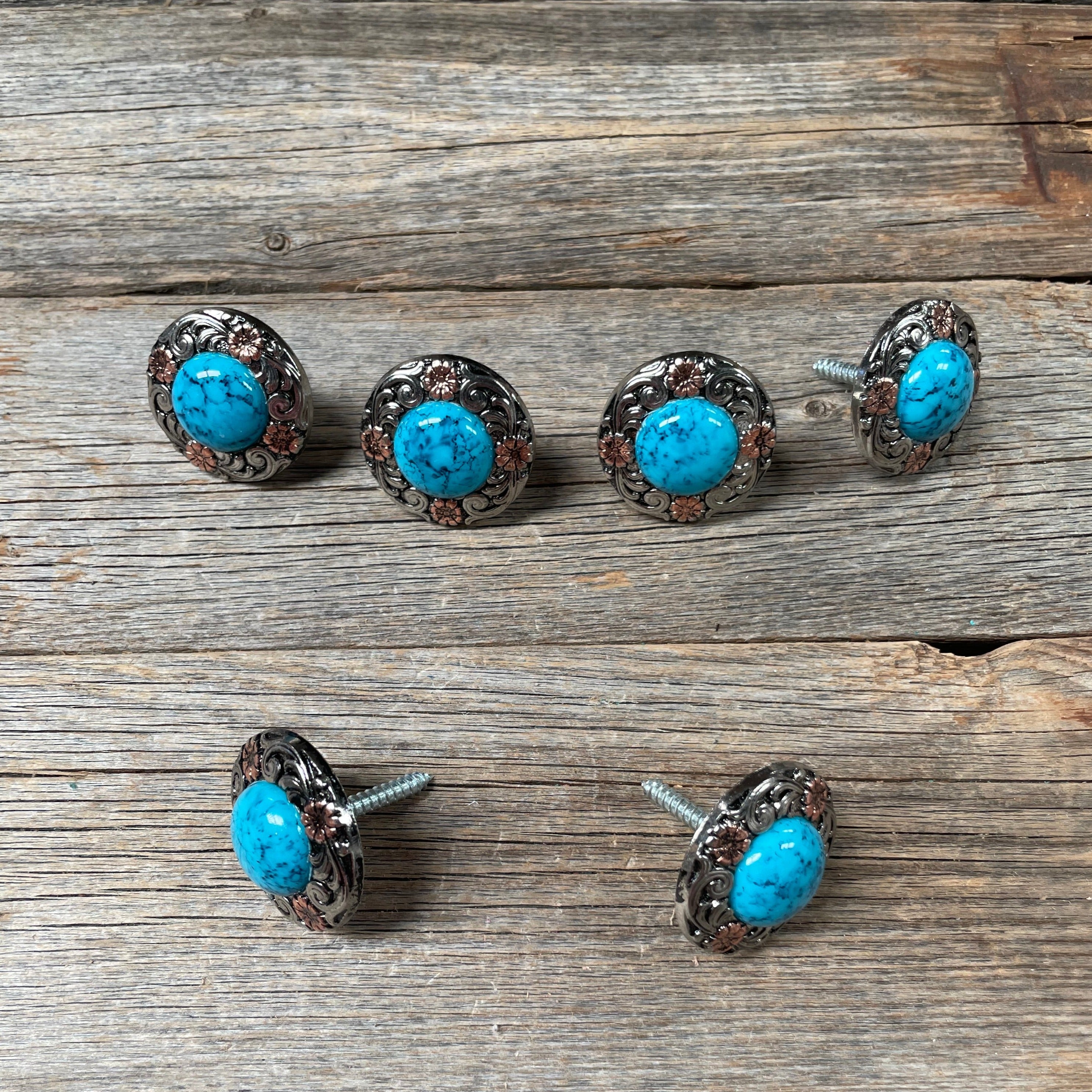 Antique Silver Turquoise Copper Floral Western Concho W222