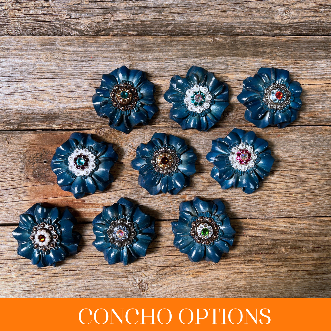 Teal Carnations Leather Flowers - 1" Crystal Conchos - Options