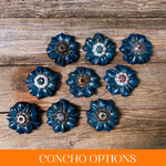 Teal Carnations Leather Flowers - 1" Crystal Conchos - Options