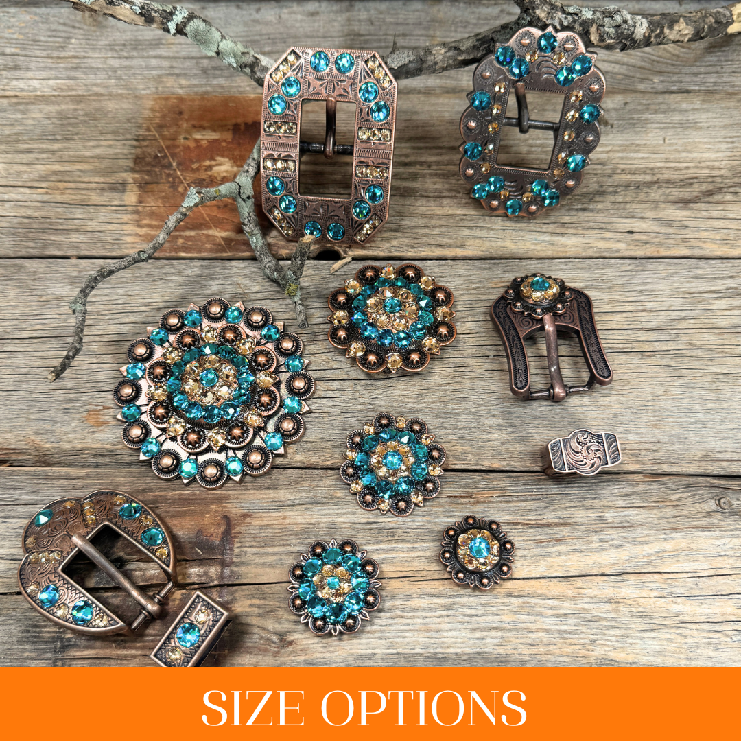 Copper Teal, Champagne Crystal Conchos Sizes from 1