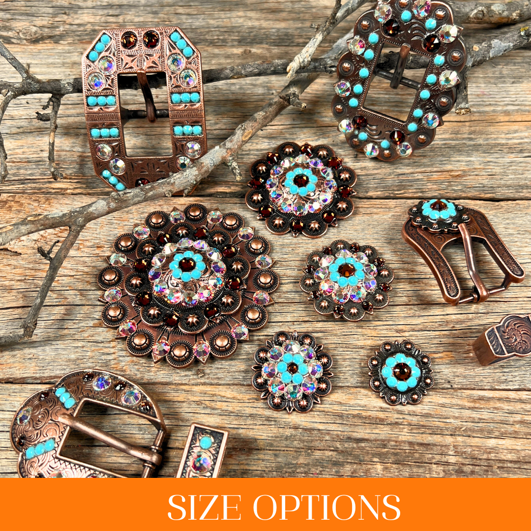Copper Topaz - Turquoise - AB - Crystal Conchos Sizes from 1"-3" and Buckles