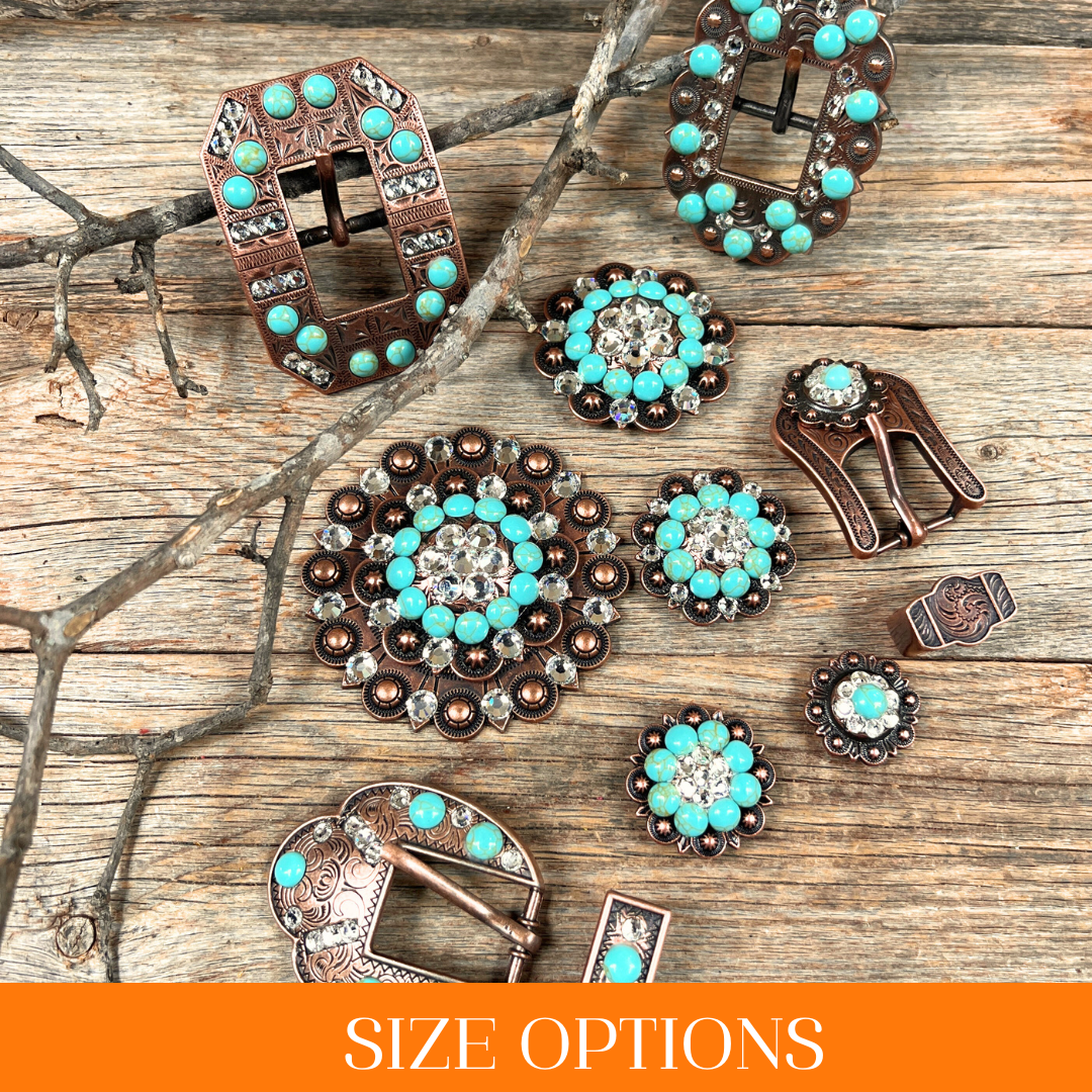 Copper Turquoise - Clear - Crystal Conchos Sizes from 1"- 3" and Buckles