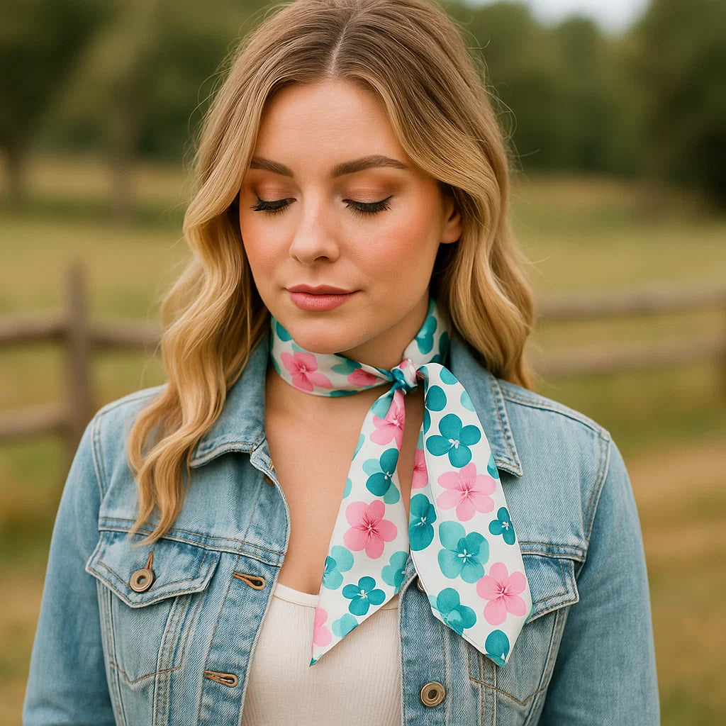 Pink and Teal Western Skinny Mini WIld Rag Scarf / Cowgirl Necktie #TW145