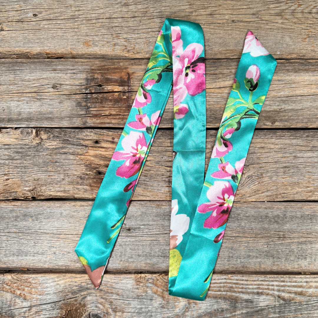 Turquoise and Pink Floral Western_Wild_Rag_Scarf_for_Cowgirls_Rodeo_Drive_Conchos