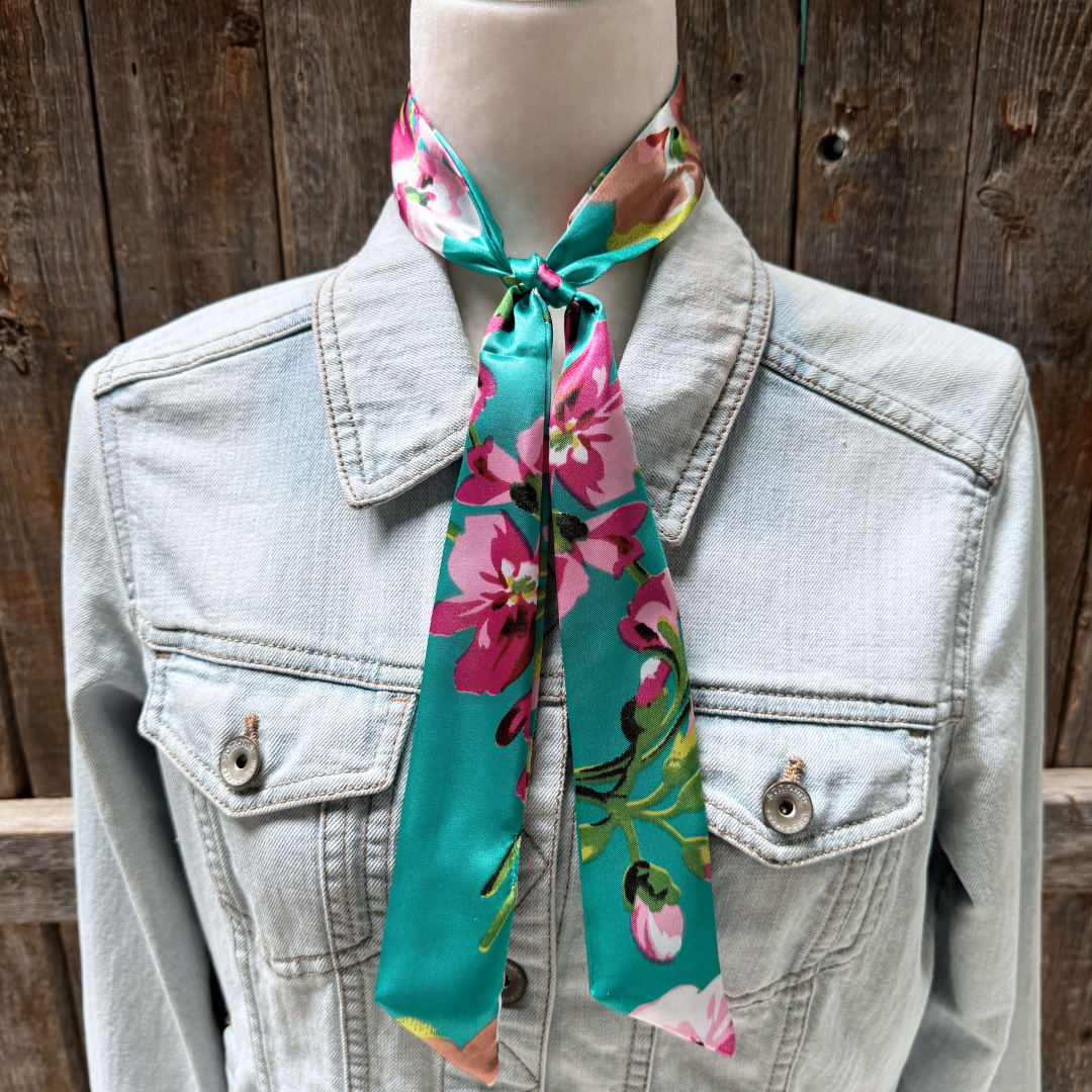 Turquoise and Pink Floral  Wild_Rag_Scarf_for_NFR_Cowgirls_Rodeo_Drive_Conchos