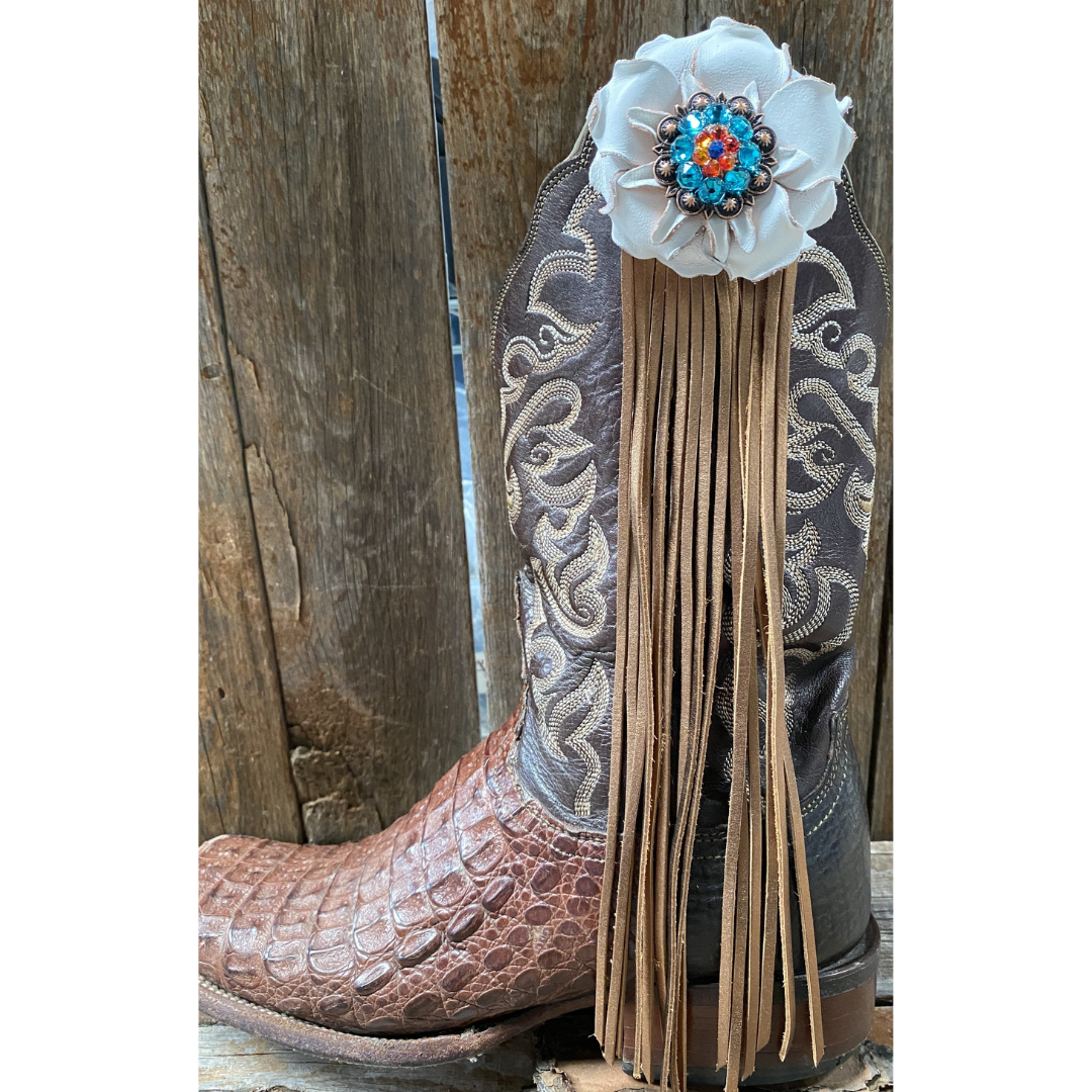 Boot Cuff Jewelry -White Leather Flower - Concho - Fringe